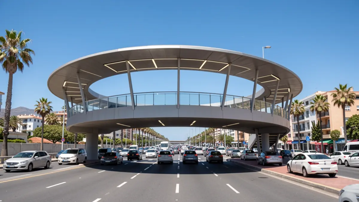 Image of the new circular pedestrian bridge in San Cristóbal de La Laguna, Tenerife, over a busy road.