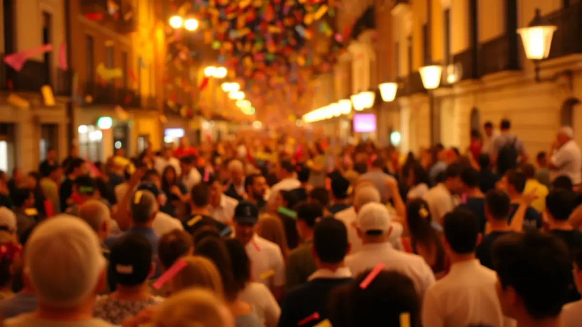 Imagen genérica de una celebración festiva con confeti y luces, evocando un baile tradicional.