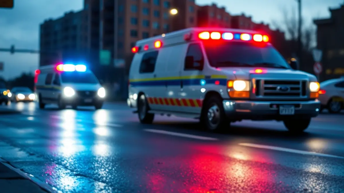 Generic image of emergency lights reflecting on wet asphalt at dawn.