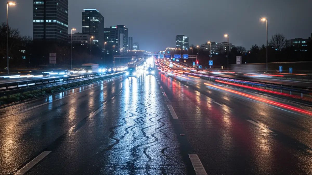 Imagen genérica de luces de emergencia en una carretera, reflejadas en el asfalto mojado.