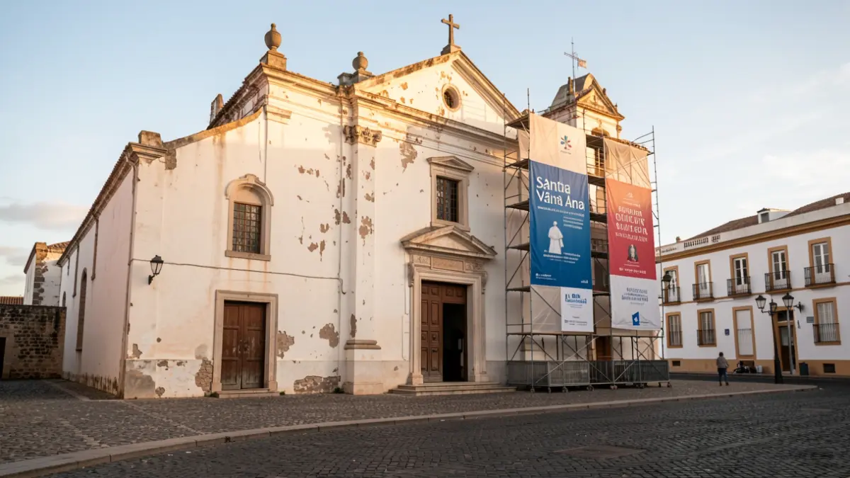 North facade of the Santa Ana Cathedral in Las Palmas de Gran Canaria with scaffolding and commemorative banners.