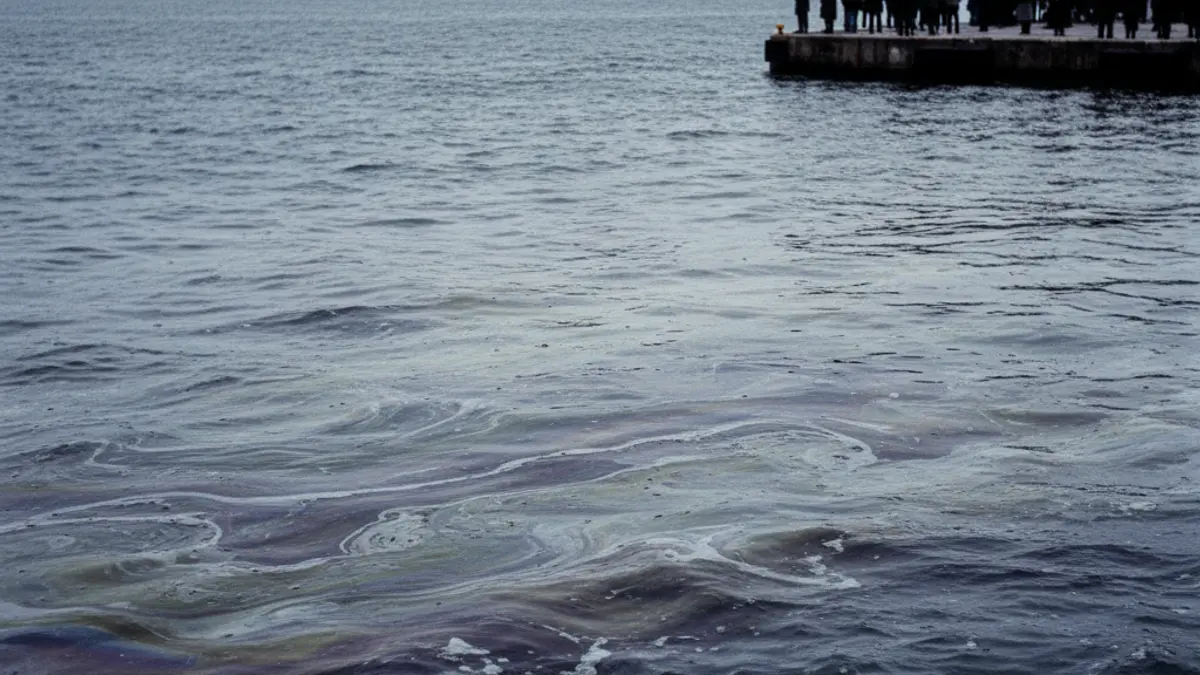 Oil slick in the sea near a port.