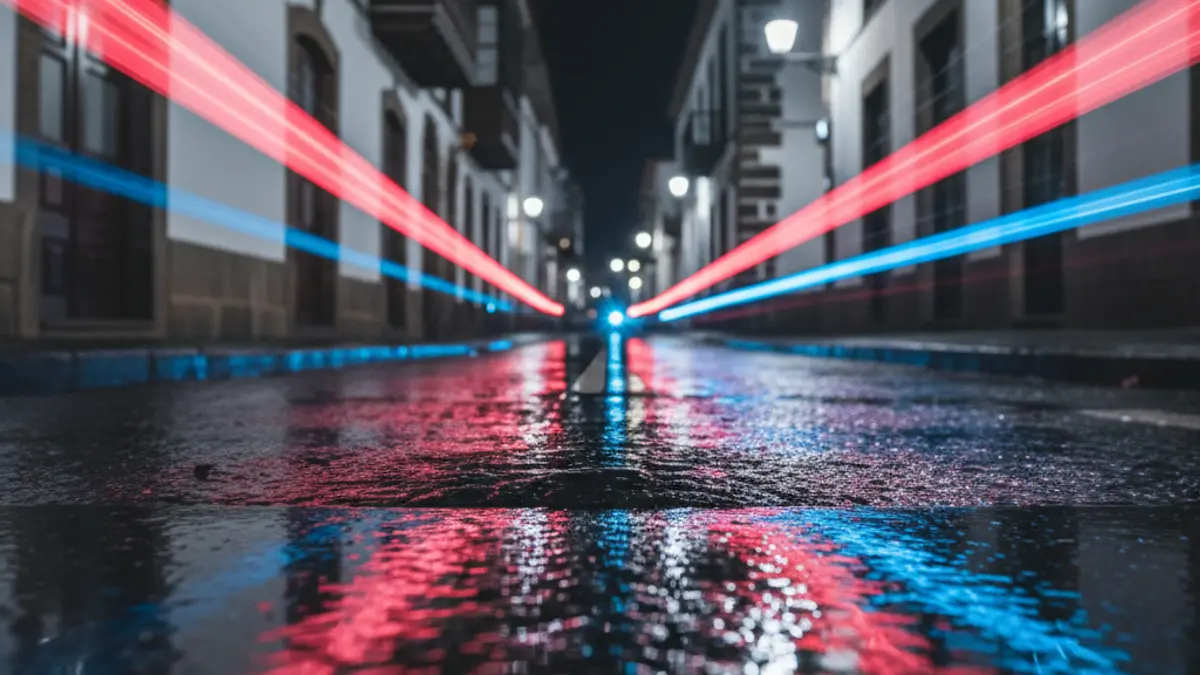 Generic image of emergency lights reflecting on wet asphalt.