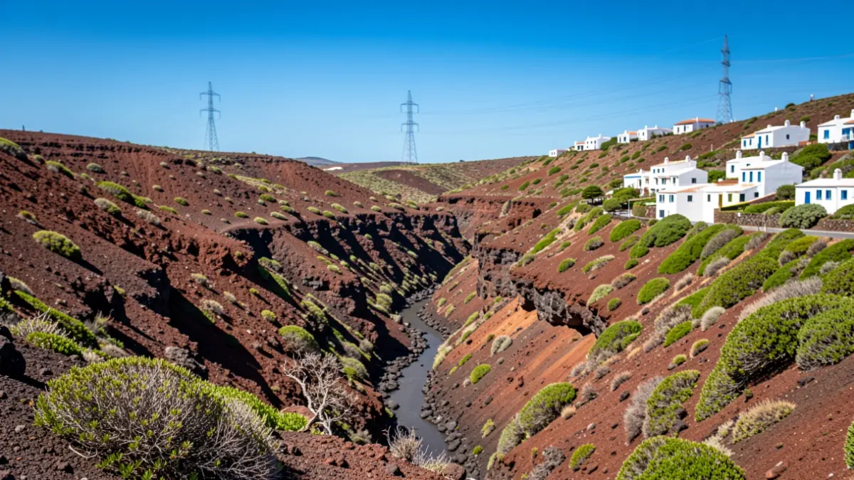 Paisaje volcánico canario con un barranco y una línea eléctrica a lo lejos.