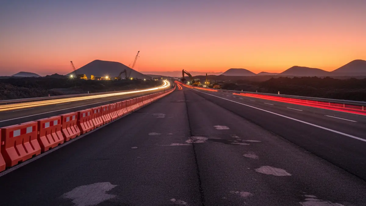 Imagen de una carretera en construcción con maquinaria y luces de vehículos borrosas al atardecer.