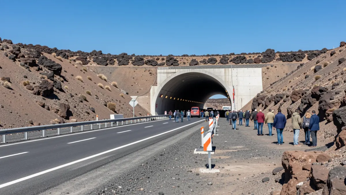 Image of a highway tunnel construction entrance in Fuerteventura, surrounded by volcanic landscape.