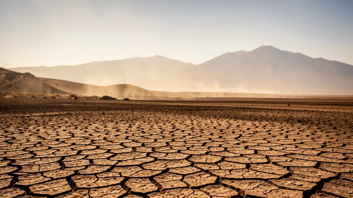 Volcanic landscape of Tenerife with dry, cracked earth under a hazy sky, distant mountains visible through the dust, intense sunlight casting harsh shadows.