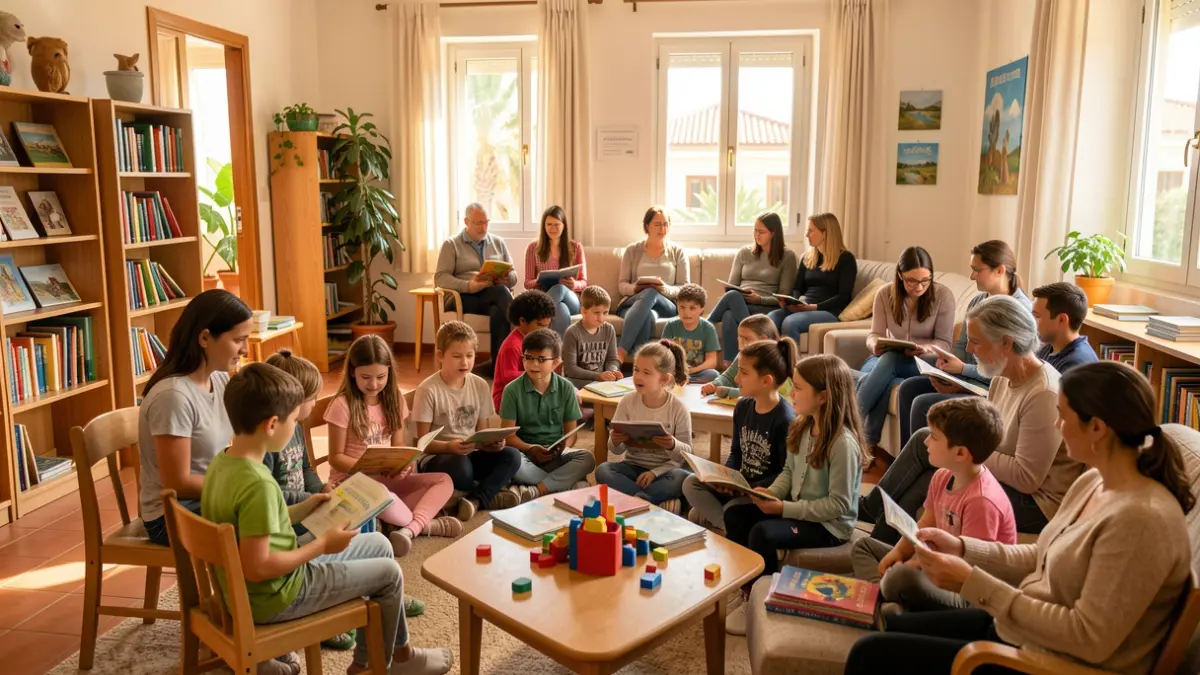 Generic image of a community center in the Canary Islands with children and adults participating in support activities.