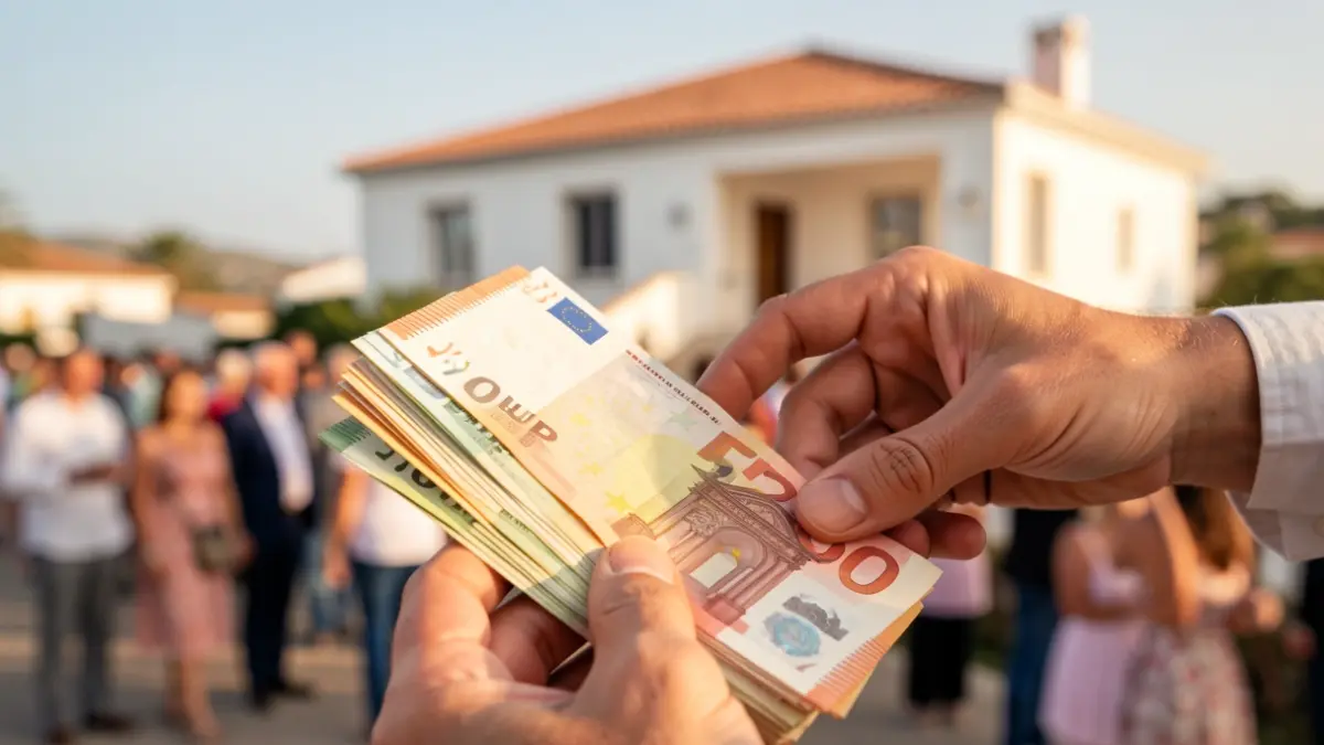 Generic image of hands counting money with a blurred house in the background.