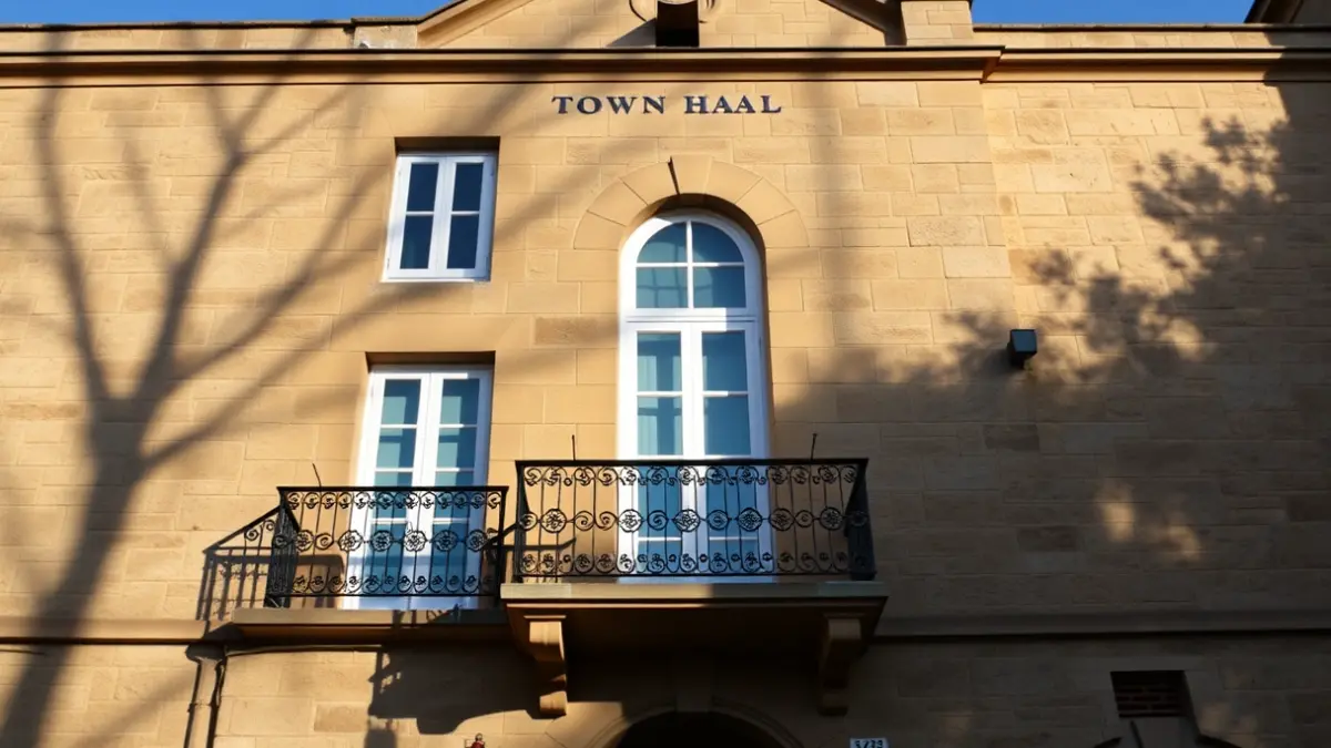 Stone town hall facade with balcony and iron railings, under warm afternoon sunlight.
