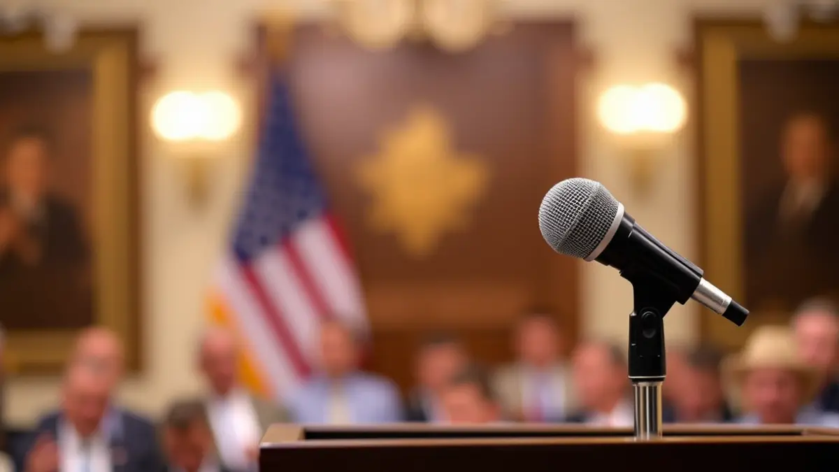 Generic image of a microphone on a podium during a press conference.