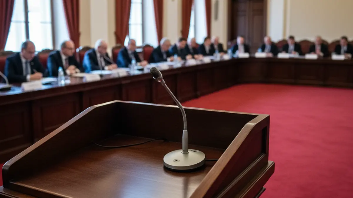 Generic image of a microphone on a podium, symbolizing an official meeting or statement.