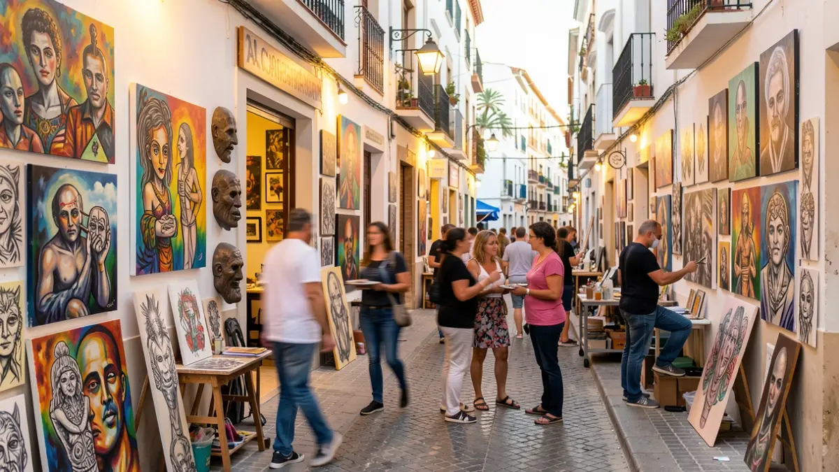 Generic image of an art exhibition in the Alcaravaneras neighborhood, Las Palmas de Gran Canaria, featuring painting, sculpture, and tattoo art displayed in open studios and businesses.