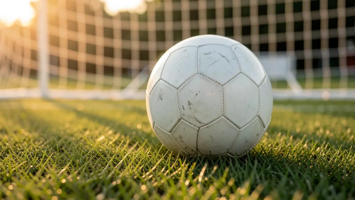 Generic image of a soccer ball on grass with the goal net blurred.