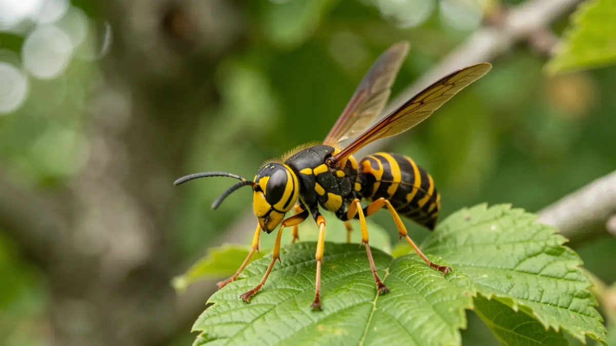 Close-up of an Asian hornet (Vespa velutina) on a background of green leaves.