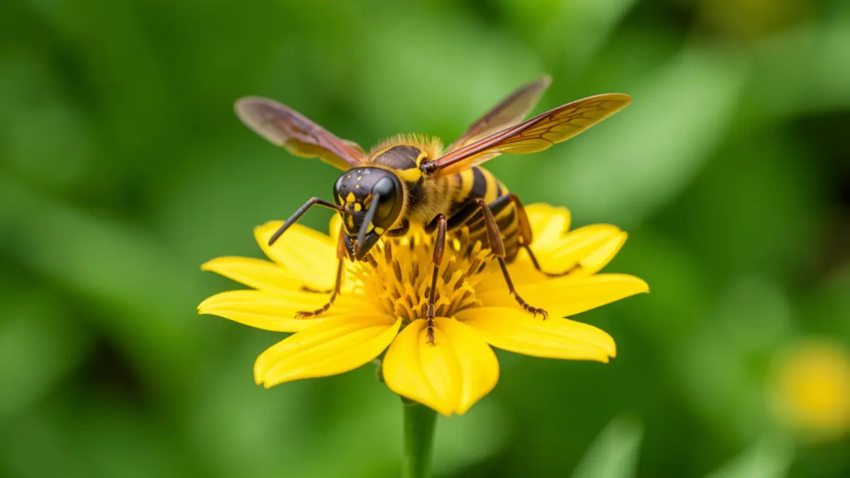 Avispa asiática (Vespa velutina) posada sobre una flor amarilla.