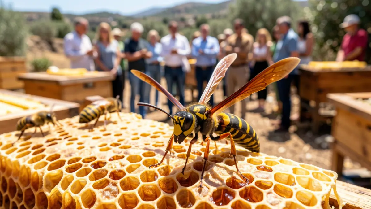 Avispa asiática posada sobre un panal de abejas en Gran Canaria.
