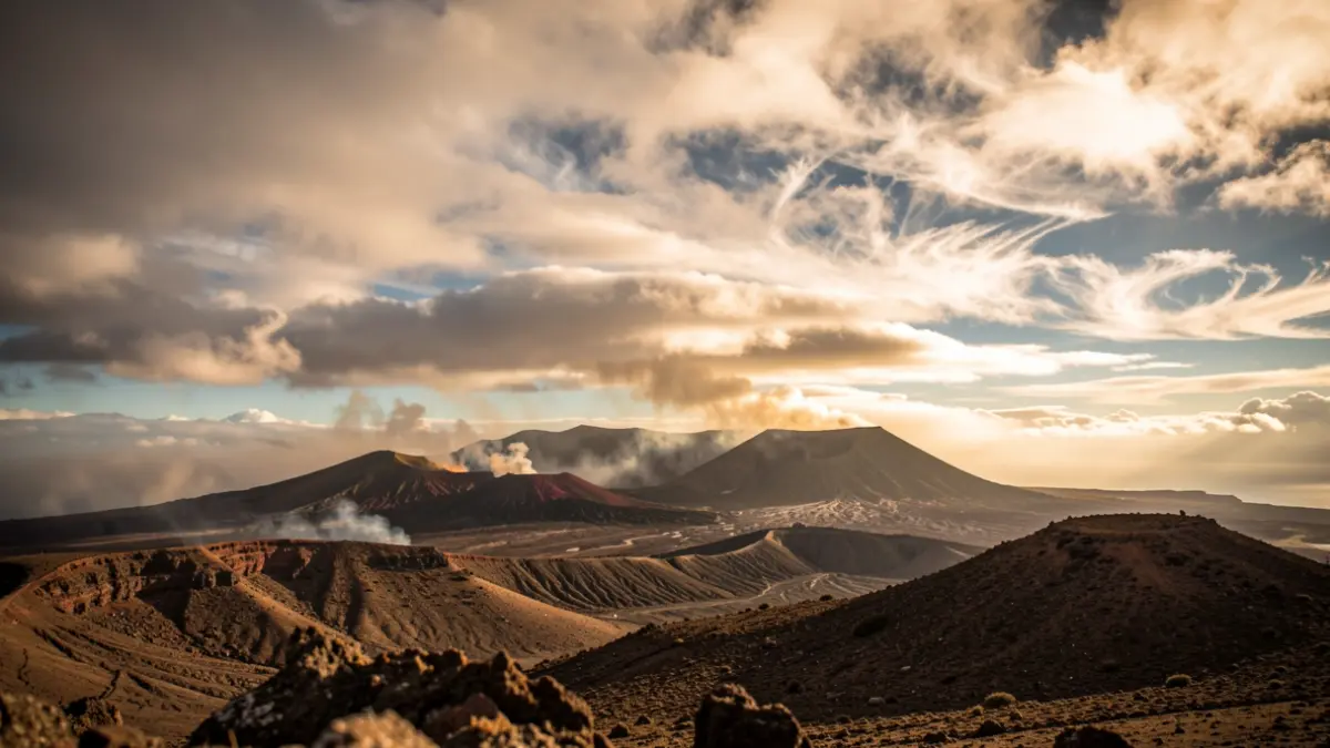 Generic image of a sky with clouds and intense sun over a Canarian volcanic landscape.