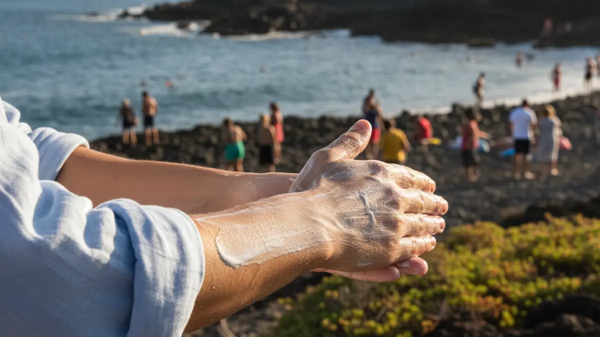 Imagen genérica de una persona aplicándose protector solar en la playa.