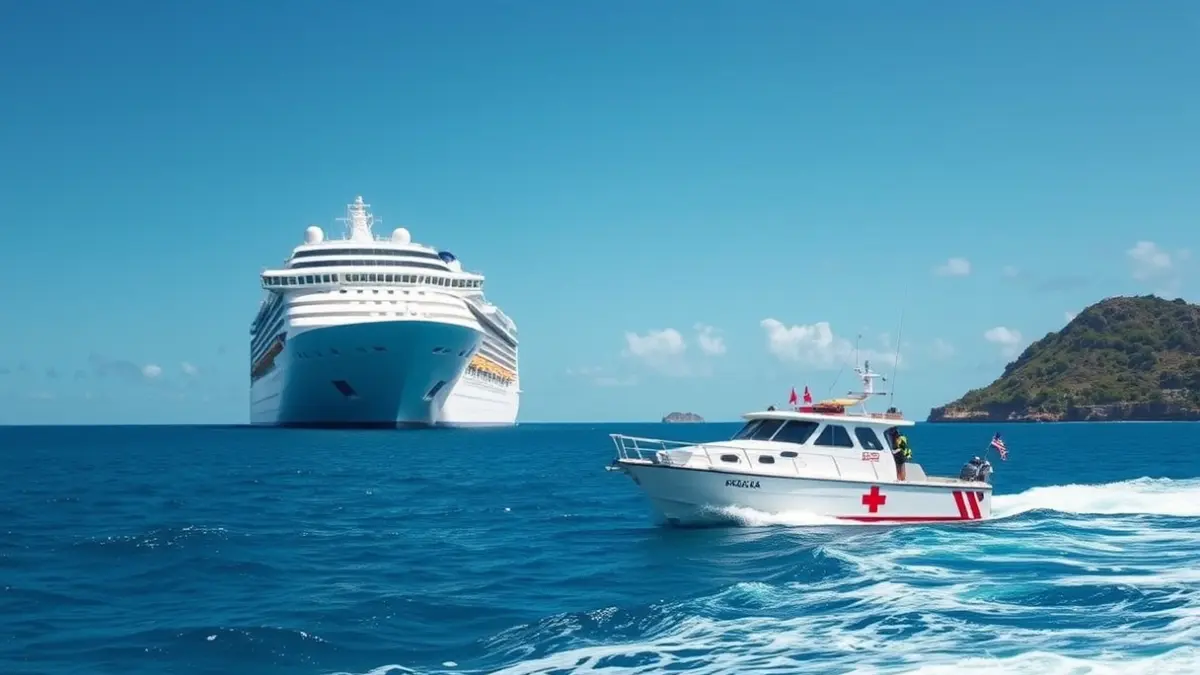 Cruise ship anchored off the coast with a medical evacuation boat approaching.