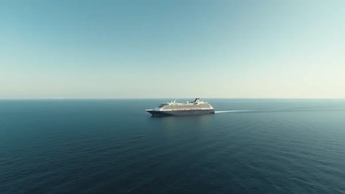 Image of a luxury cruise ship sailing on the open sea, with a distant horizon.
