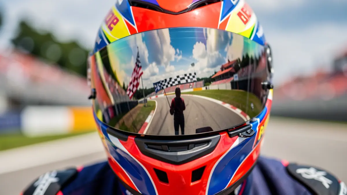 Imagen genérica de un casco de moto de competición con el visor reflejando una pista borrosa y una bandera a cuadros.