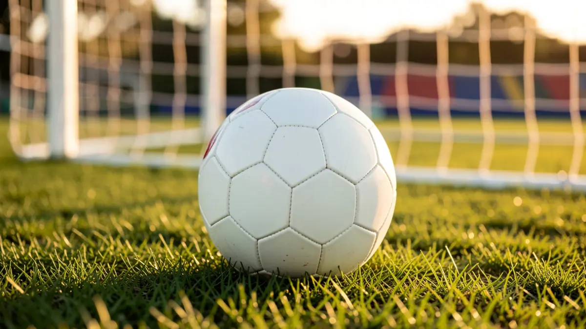 Imagen genérica de un balón de fútbol sobre césped con la red de portería desenfocada.