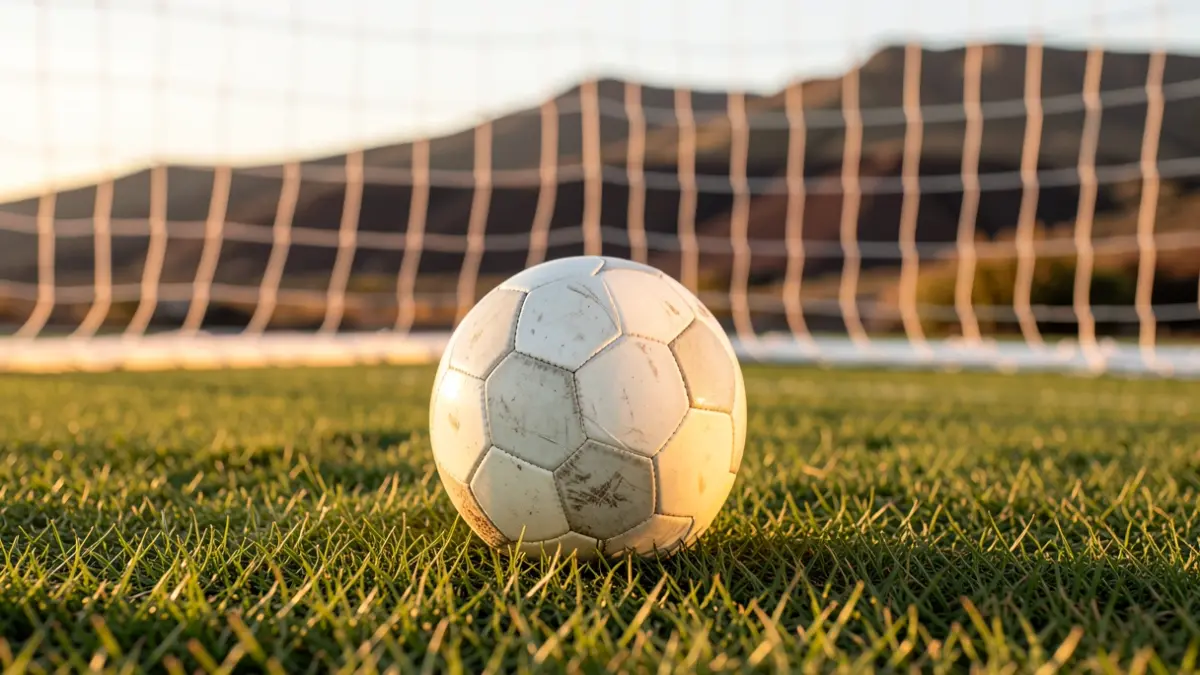 Generic image of a soccer ball on grass with the goal net out of focus.