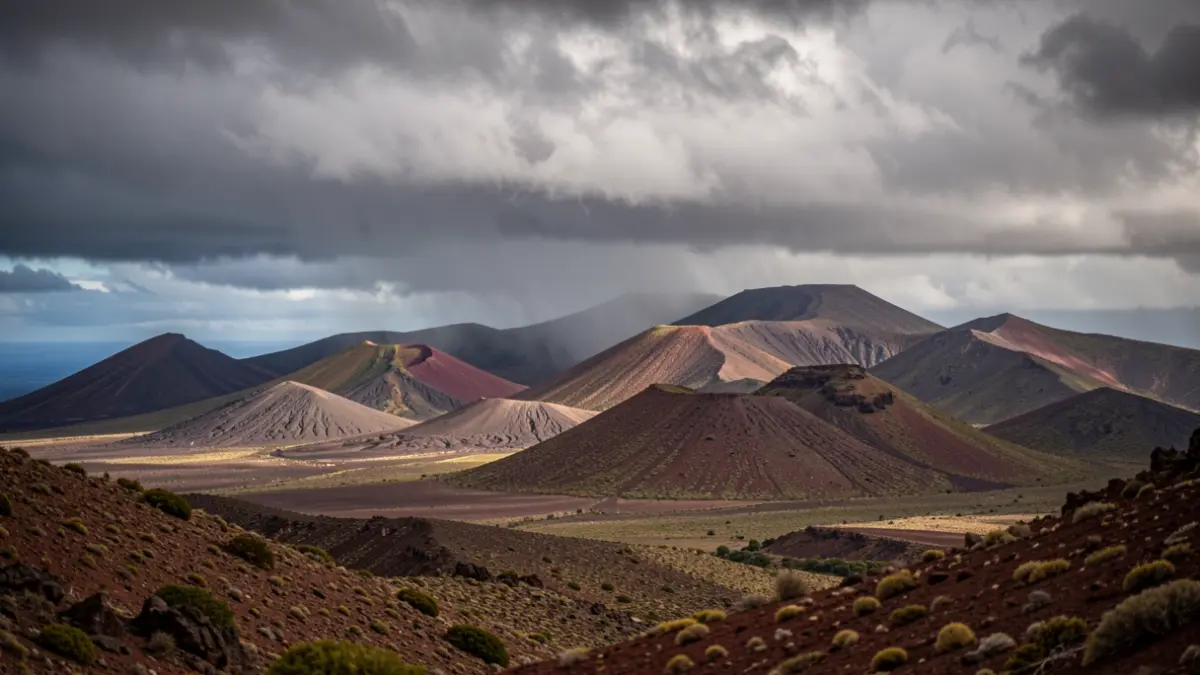 Generic image of a Canary Islands volcanic landscape with threatening clouds and an atmosphere of meteorological change.