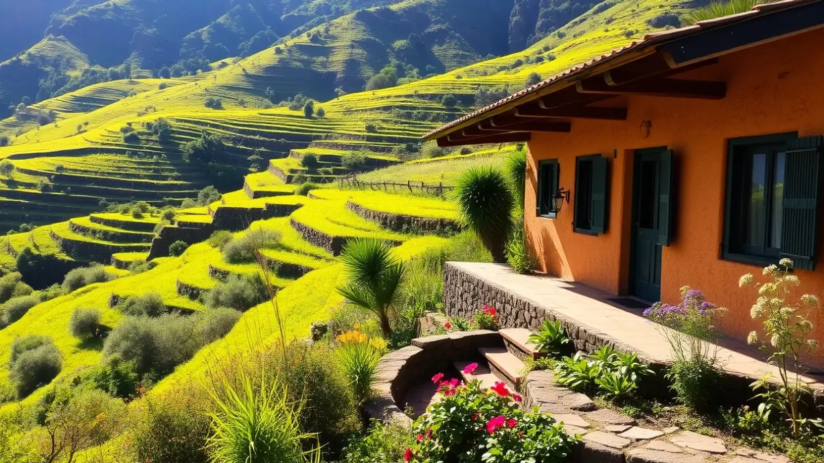 Imagen de una casa terrera en un entorno rural de Gran Canaria, con jardín privado.