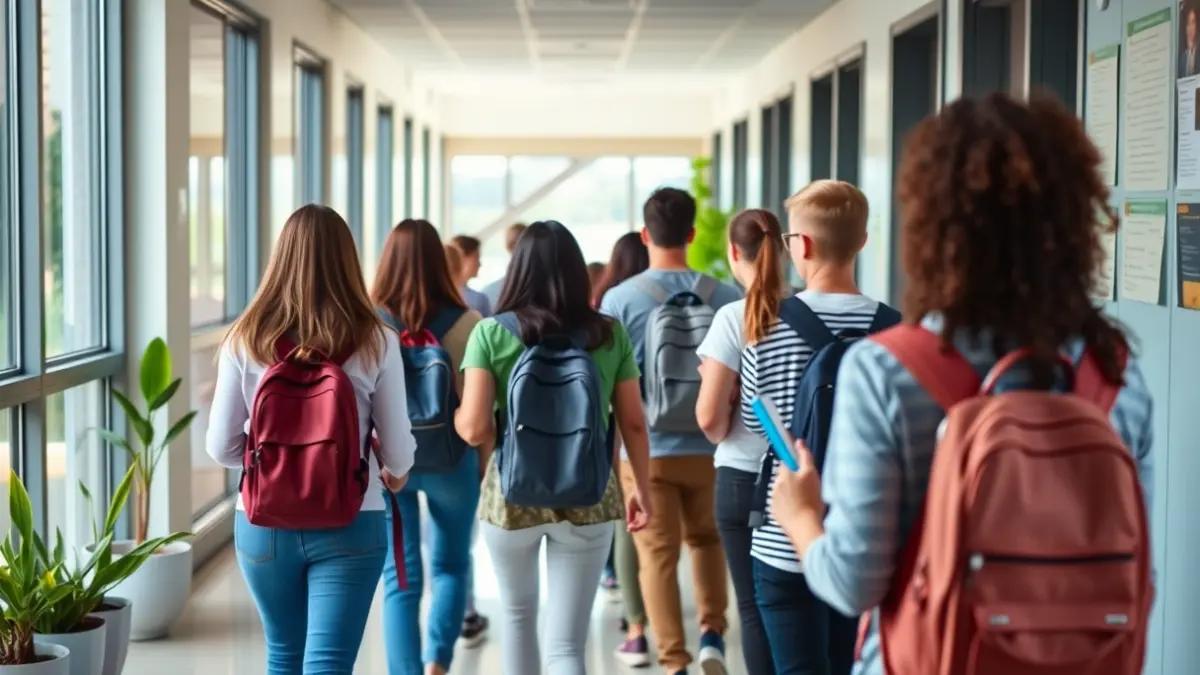 Imagen genérica de estudiantes en un pasillo escolar, simbolizando un futuro sostenible.