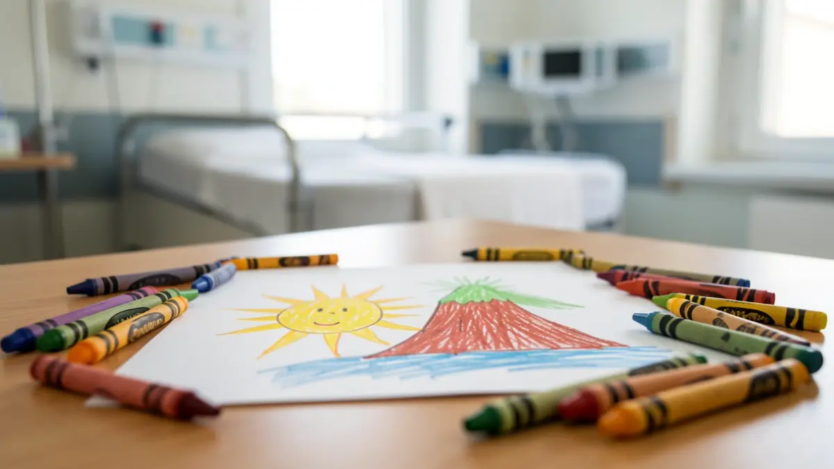 Dibujo infantil de un sol y un volcán con lápices de colores sobre una mesa.
