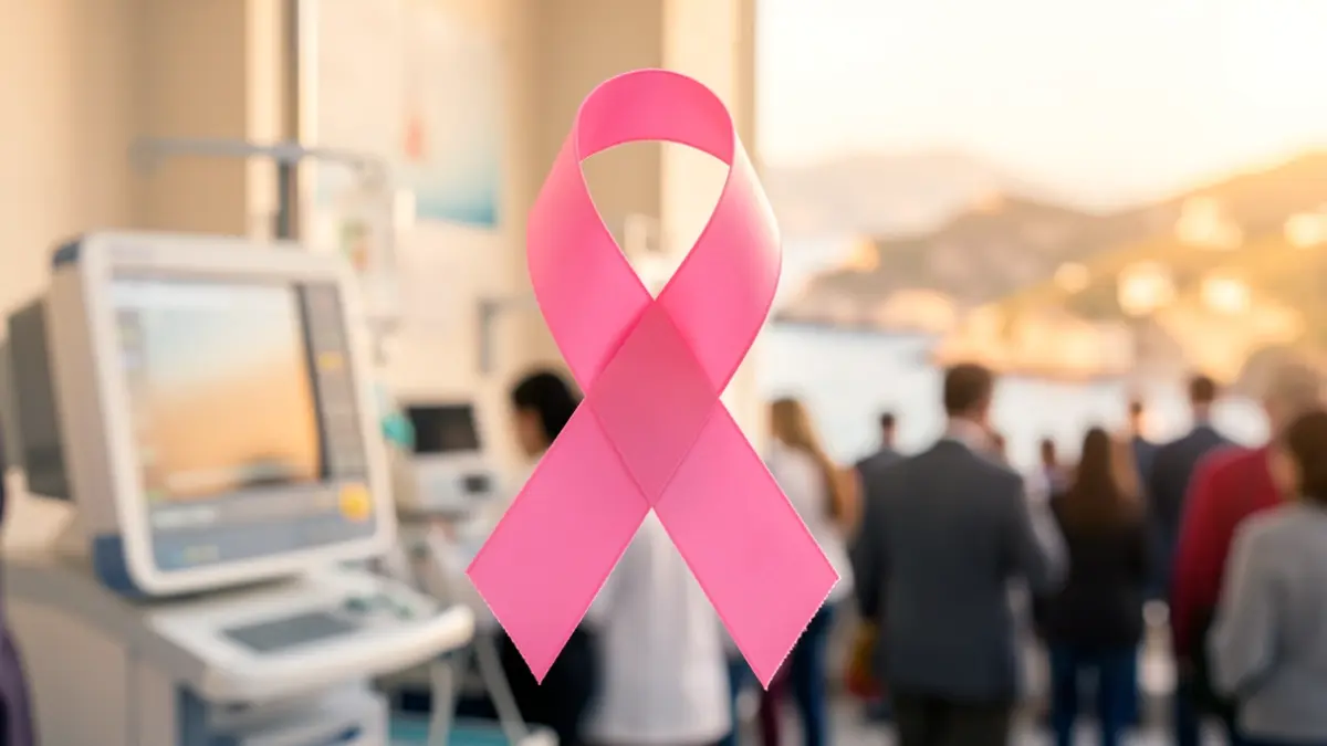 Generic image of a pink ribbon for breast cancer awareness with a blurred background.