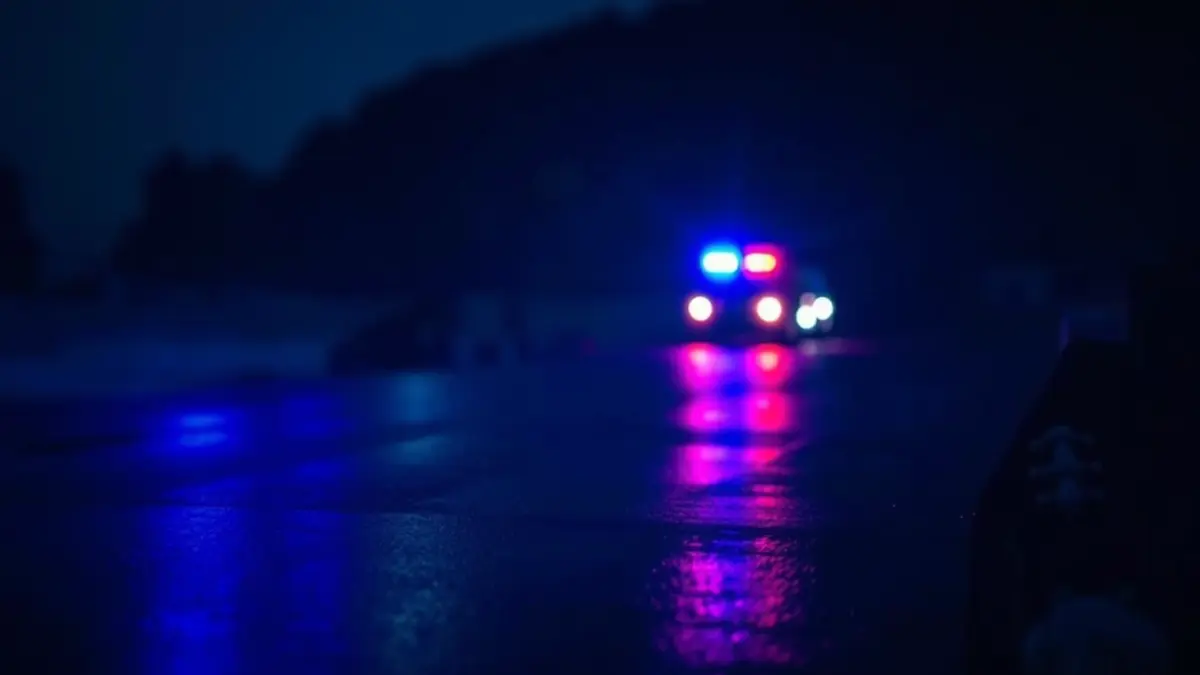Imagen genérica de luces de emergencia en la oscuridad, reflejadas en el asfalto mojado, con un fondo costero borroso.