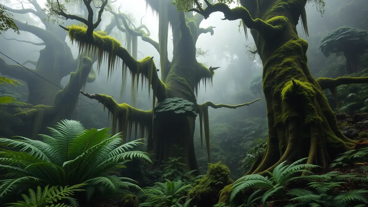 Image of a laurisilva forest in Anaga Rural Park, Tenerife, with mist and lush vegetation.