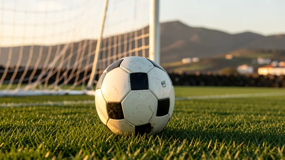 Imagen genérica de un balón de fútbol sobre césped con la red de portería desenfocada.