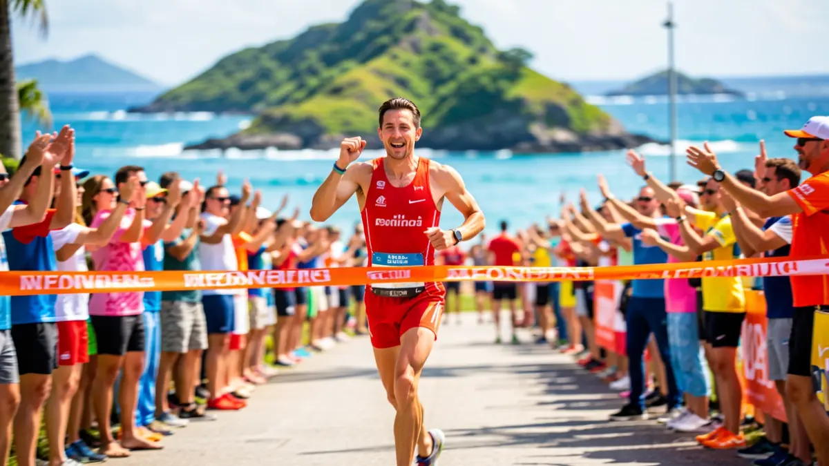 Generic image of a triathlete crossing the finish line in a tropical island setting.