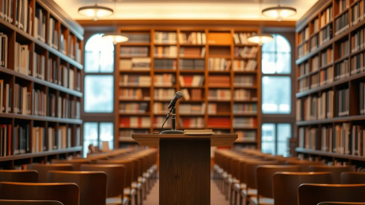 Generic image of a podium with a microphone in a conference room or library, with empty chairs and bookshelves in the background.