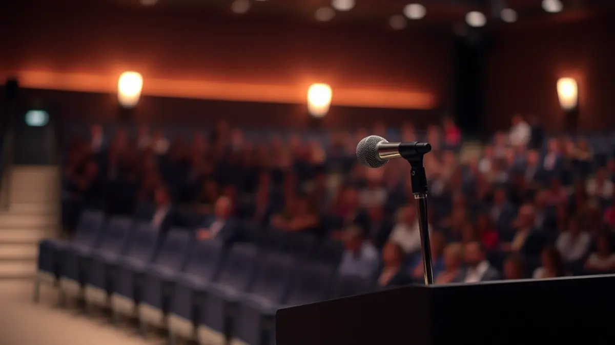 Generic image of a microphone on a podium, symbolizing a presentation or gala.