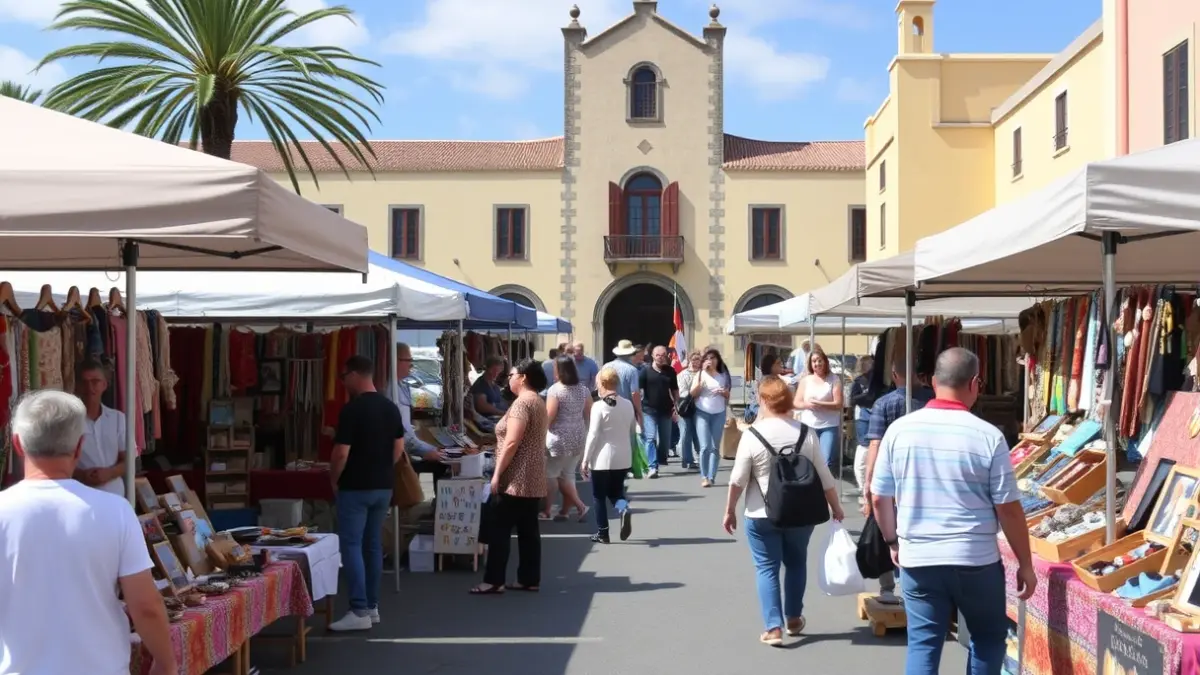 Image of a craft fair in a Canary Island village, with stalls and people strolling.