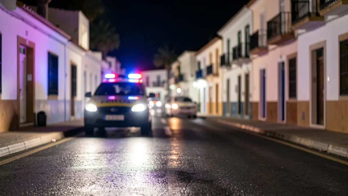 Imagen genérica de luces de emergencia policiales reflejándose en asfalto mojado.