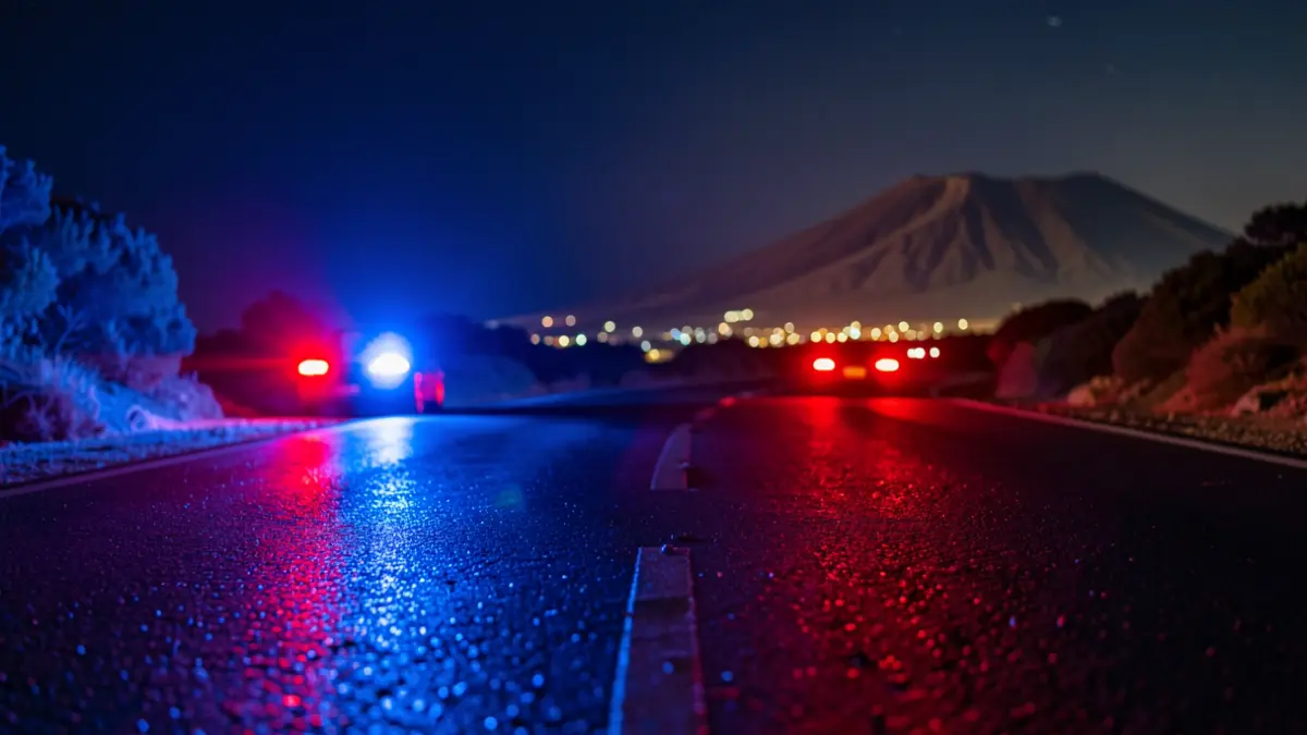 Generic image of police emergency lights reflecting on wet asphalt at night.