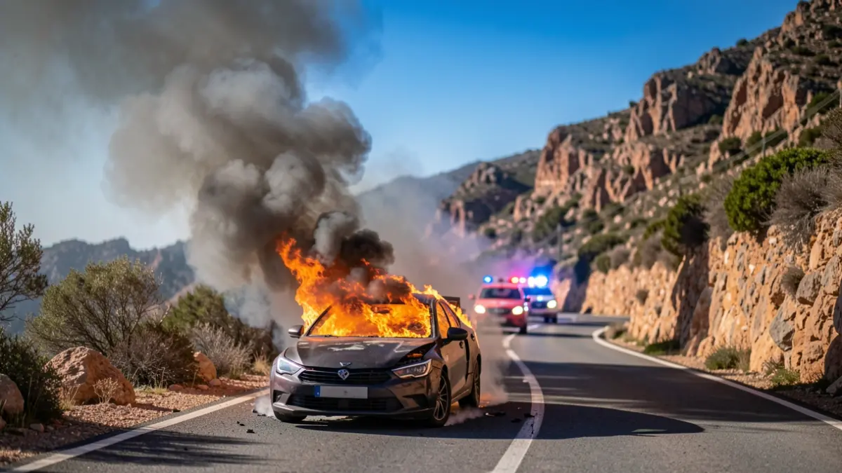 Image of a car on fire on a road in Gran Canaria.