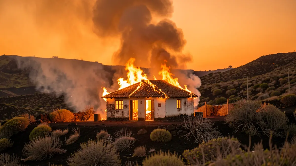 Imagen de una pequeña vivienda ardiendo en una ladera de El Time, Tijarafe, La Palma, al atardecer.