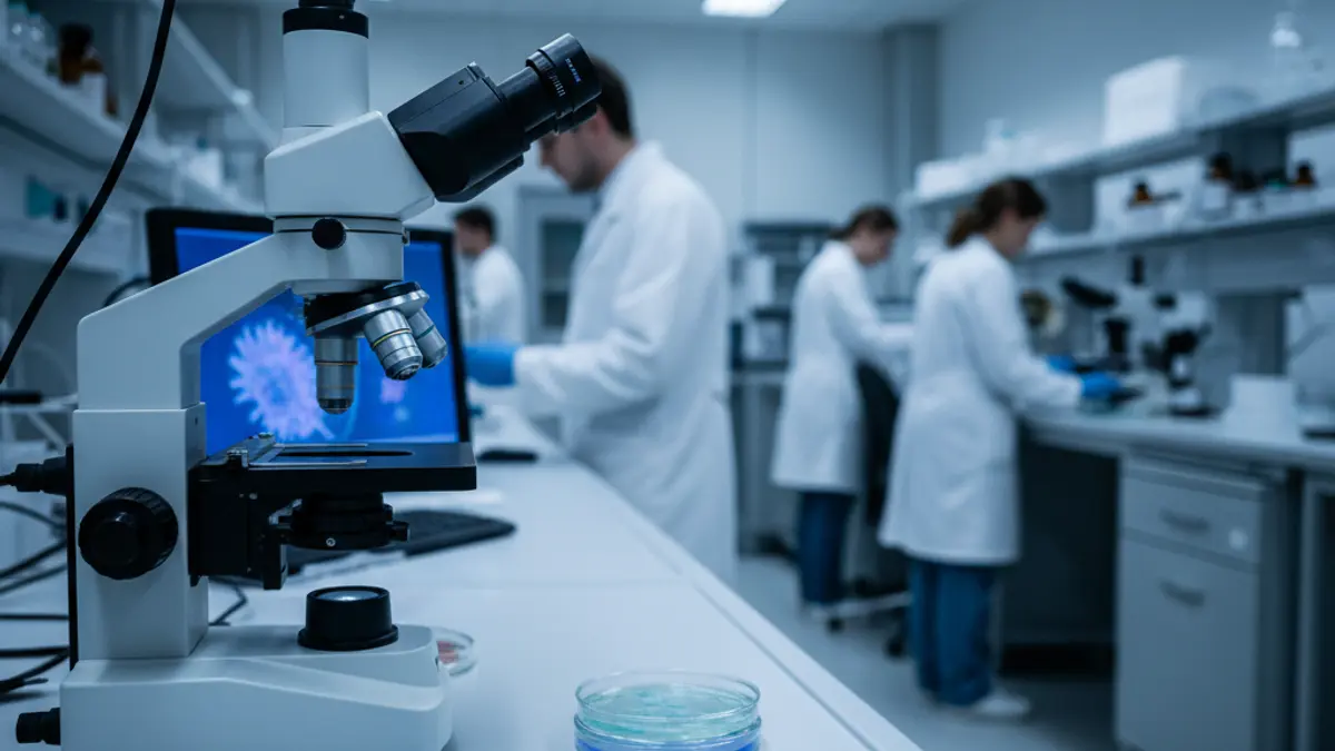 Imagen genérica de un laboratorio de investigación científica, con un microscopio y placas de Petri.