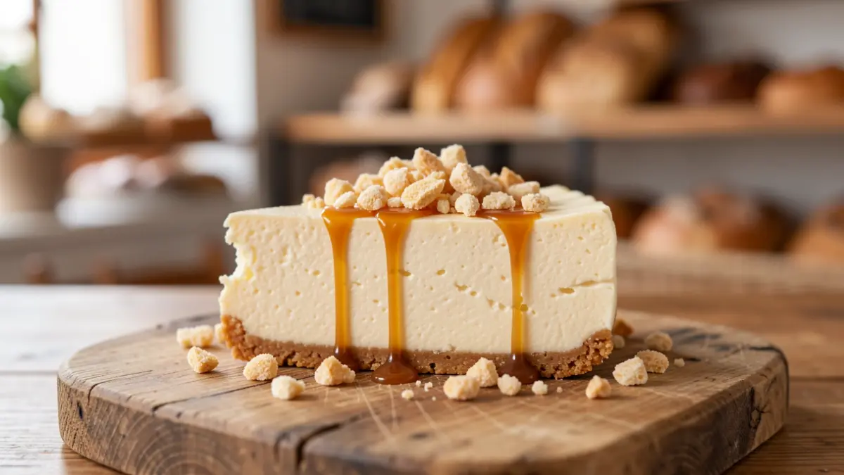 Rebanada de tarta de queso con trocitos crujientes de snack y caramelo salado.
