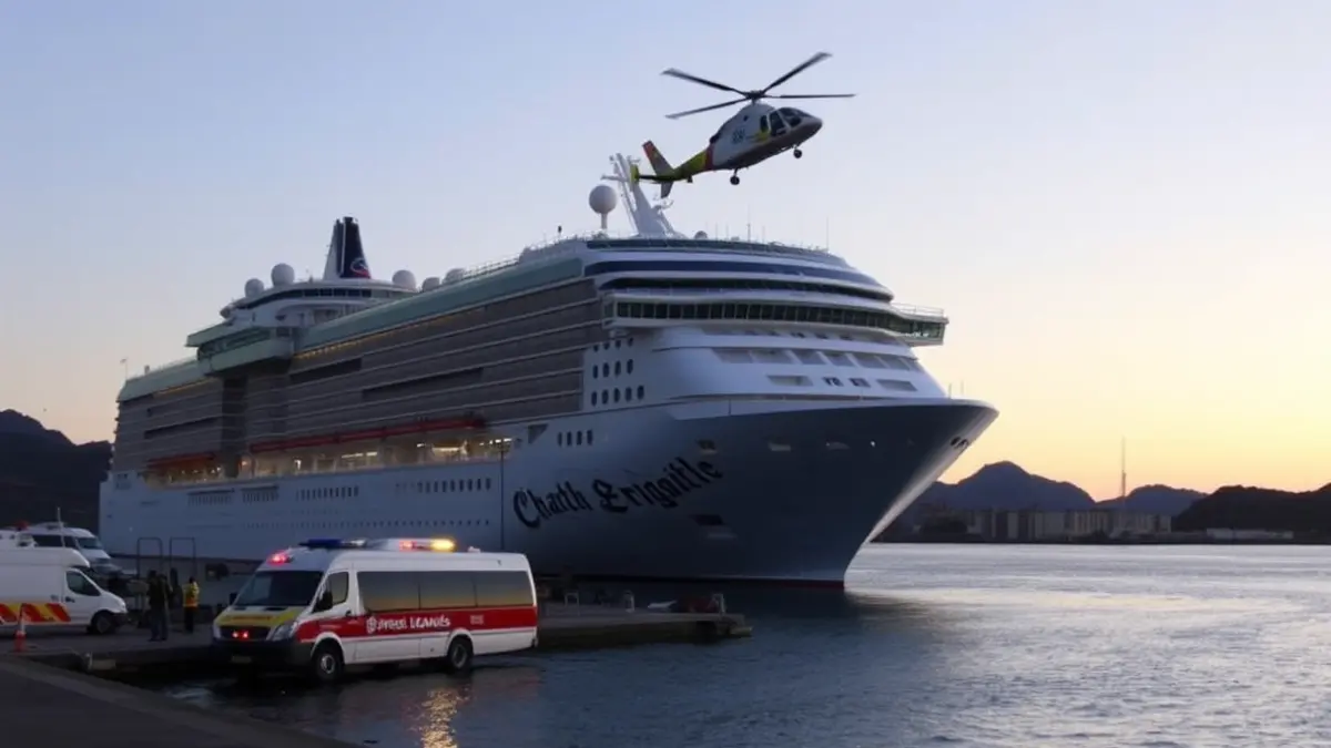 Image of a cruise ship anchored in a Canary Islands port at dawn, with emergency vehicles on the pier and a helicopter flying overhead.