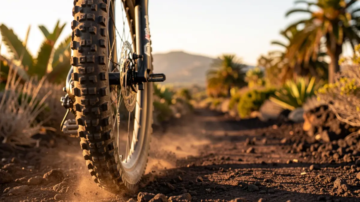 Cyclist competing on a volcanic trail during the Transgrancanaria Bike.