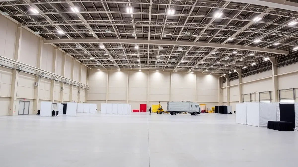 Generic image of an empty exhibition hall, prepared for an event.