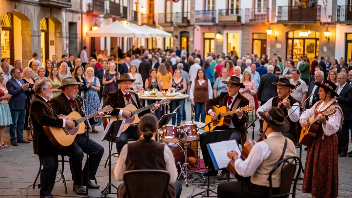 Generic image of a Canarian music group performing in a square with an audience.